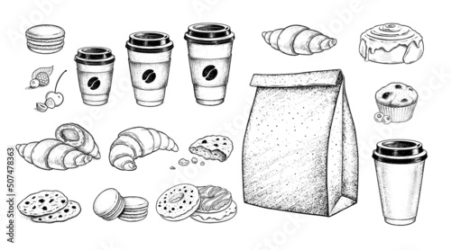 Sketch illustrations set of to go Coffee and food