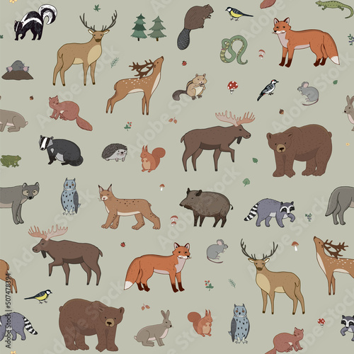 Forest animals vector seamless pattern