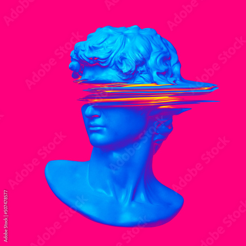 Glitch art psychedelic colors illustration concept from 3D rendering of corrupted graphics error deformed blue classical head marble sculpture on pink background.
