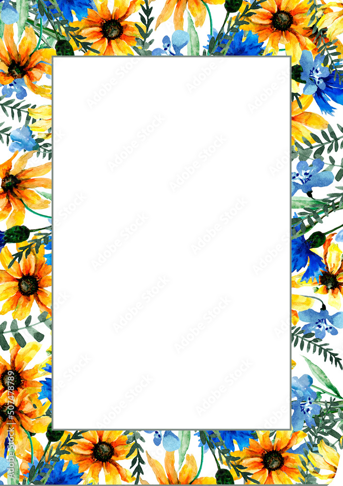 Floral rectangular frame with place for text. Summer card of wild flowers blue cornflowers, yellow daisies. Hand drawn watercolor on white background for greeting cards, poster, Easter, Mother's Day.