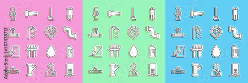 Set line Gas boiler with a burning fire, Container drain cleaner, Industry metallic pipe, Mop, Shower, and valve, Water meter and icon. Vector