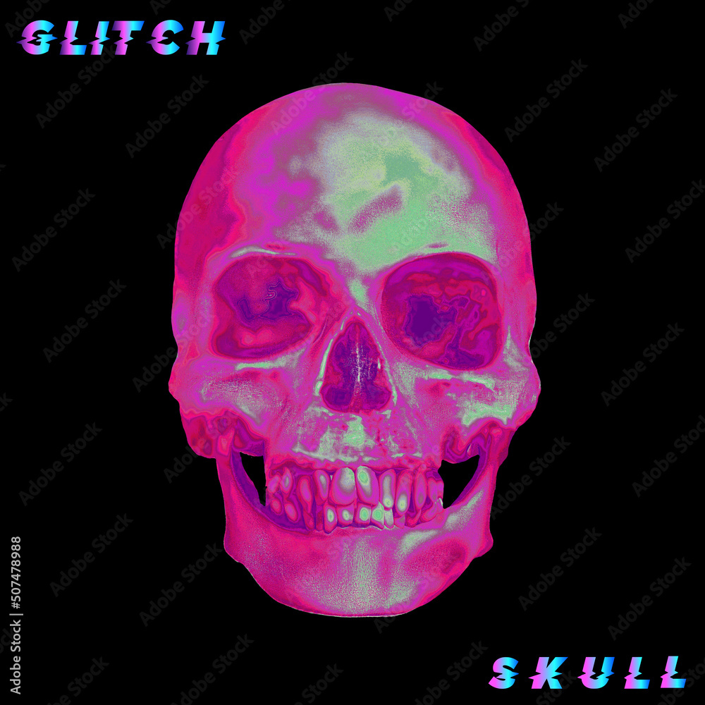 Fototapeta premium Glitch Skull. Pixel sorting glitch art corrupted graphics of colorful psychedelic front side skull from 3D rendering isolated on black background.