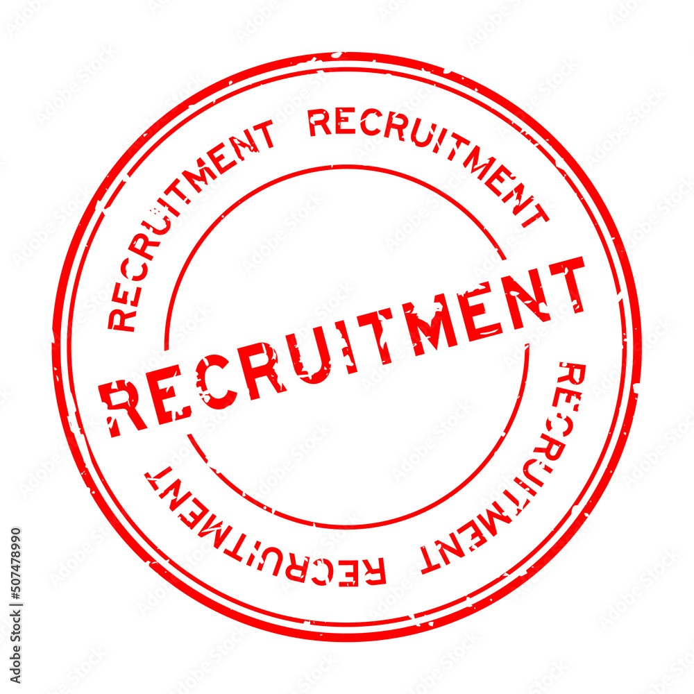 Grunge red recruitment word round rubber seal stamp on white background