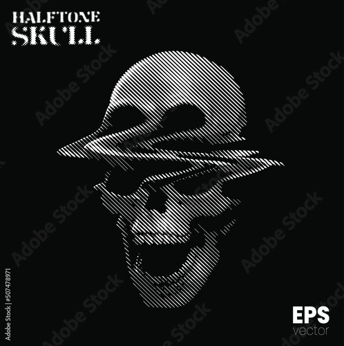 Halftone Skull. Vector illustration from 3d rendering of glitched screaming skull in black and white tilted line halftone vintage style design.