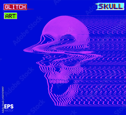 Glitch Art Skull. Vector illustration of digital glitch art screaming skull in oscilloscope in pink line on blue background from 3D rendering in the style of old CRT TVs and VHS.
