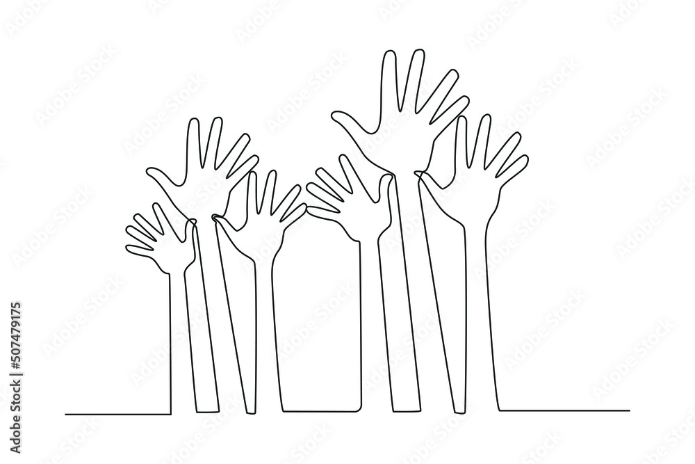 Single one line drawing raised hands. World population day. Continuous line draw design graphic vector illustration. Single one line drawing raised hands. World population day. Continuous line draw design graphic vector illustration.