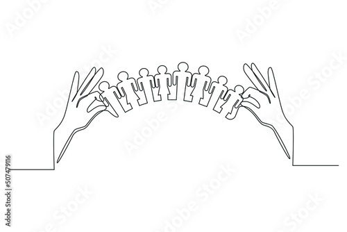 Single one line drawing hands holding paper families. World population day. Continuous line draw design graphic vector illustration.