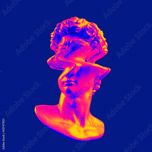 Glitch art psychedelic colors illustration concept from 3D rendering of corrupted graphics in vintage CRT TV style glitch deformed classical head marble sculpture on colorful background.