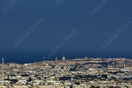 A distant view of Sliema, from Mdina with the Mediterranean sea in the background