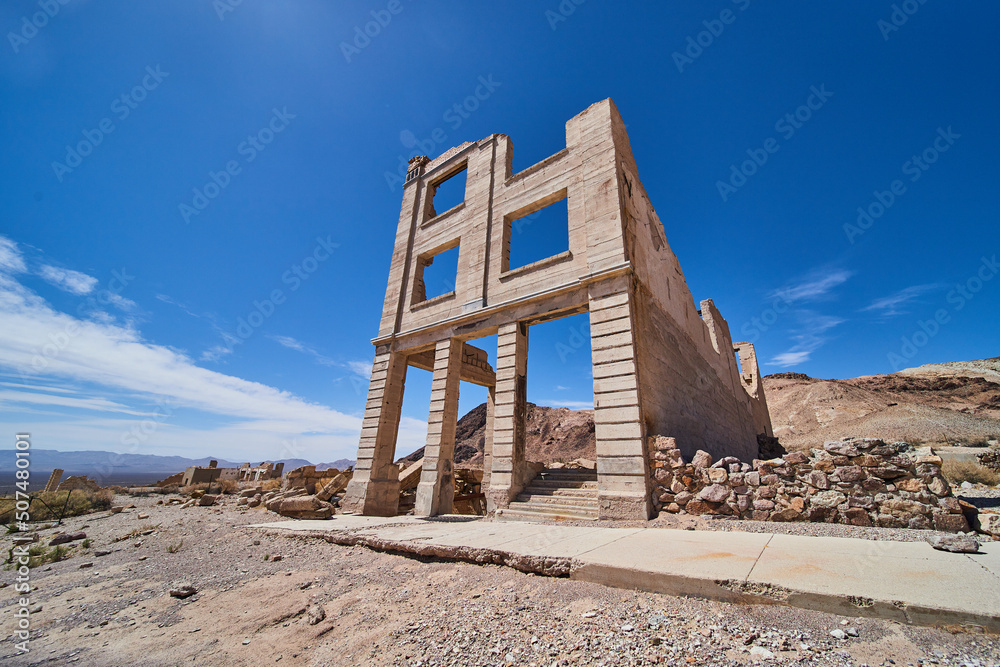 Bank building abandoned in ghost town of Rhyolite in desert