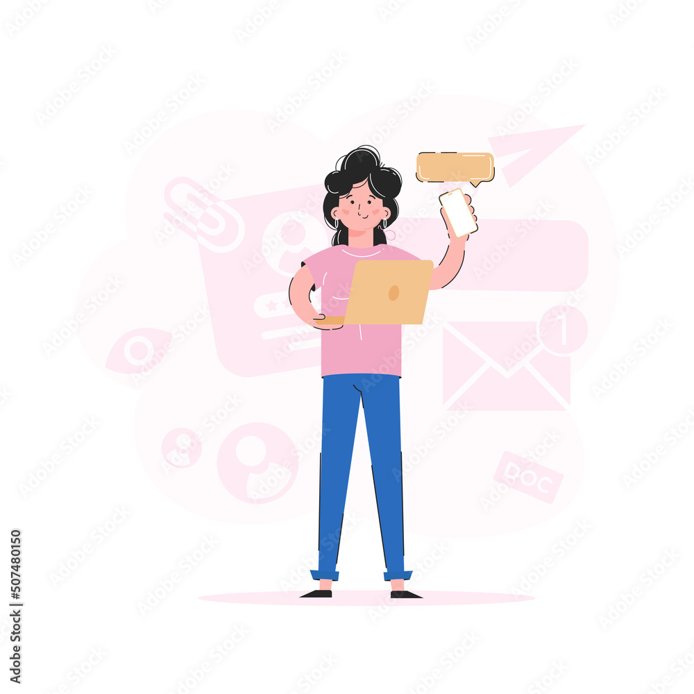 A girl in full growth holds a laptop and a phone. Trend illustration. Good for apps, presentations and websites. Vector.