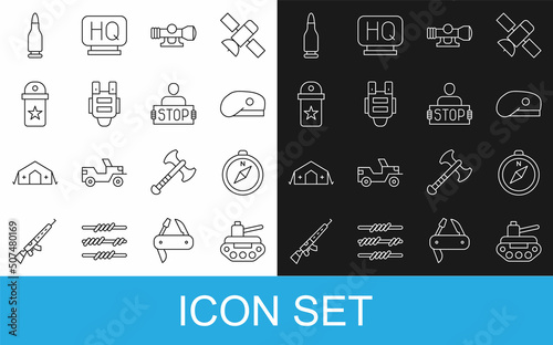 Set line Military tank, Compass, beret, Sniper optical sight, Bulletproof vest, Chevron, and Stop war icon. Vector