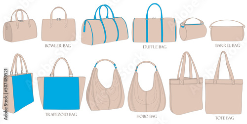 Set of illustrations of bags in pastel colors. Bowling, hobo, trapezoid, duffle, barrel, tote. Collection of luxury modern accessories.