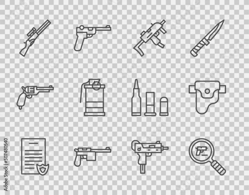 Set line Firearms license certificate, Pistol or gun search, MP9I submachine, Mauser, Hunting, Hand smoke grenade, UZI and Gun holster icon. Vector