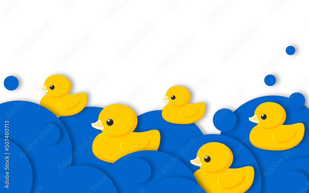 Holiday National Rubber Duck Day. Yellow cute ducklings have a water race in paper art style. Waterfowl on blue sea waves. Holiday National Rubber Duck Day. Yellow cute ducklings have a water race in paper art style. Waterfowl on blue sea waves.