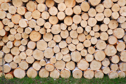 A woodpile of round birch logs is collected and stacked on the grass in the yard  billets for winter for stove heating.Wooden cube background is used for multi-purpose shape.