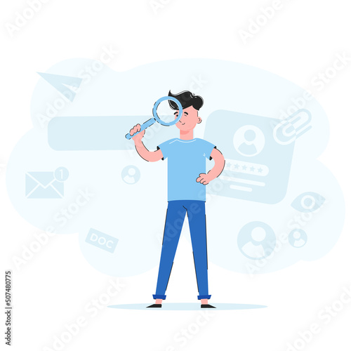 The guy in full growth holds a magnifying glass. Trend illustration. Good for apps, presentations and websites. Vector.