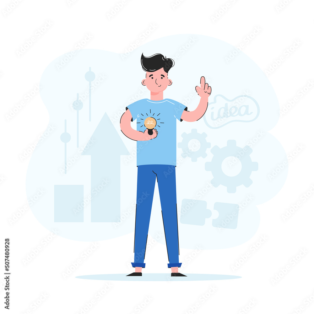 Guy and light bulb. Idea concept. Trend illustration. Good for apps, presentations and websites. Vector. Guy and light bulb. Idea concept. Trend illustration. Good for apps, presentations and websites. Vector.