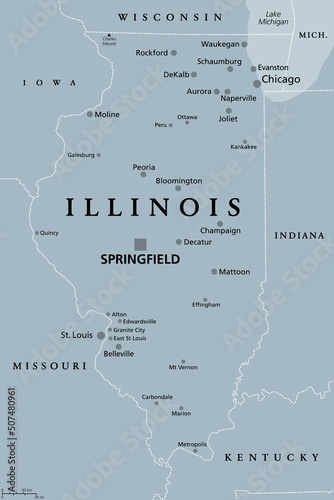 Illinois, IL, gray political map with capital Springfield and metropolitan area Chicago. State in Midwestern region of United States, nicknamed Land of Lincoln, Prairie State, and Inland Empire State. photo