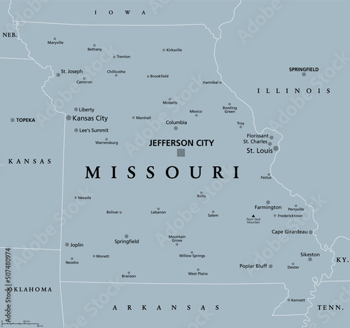 Missouri, MO, gray political map with capital Jefferson City, largest cities, lakes and rivers. State in Midwestern region of United States, nicknamed Show Me State, Cave State and Mother of the West.