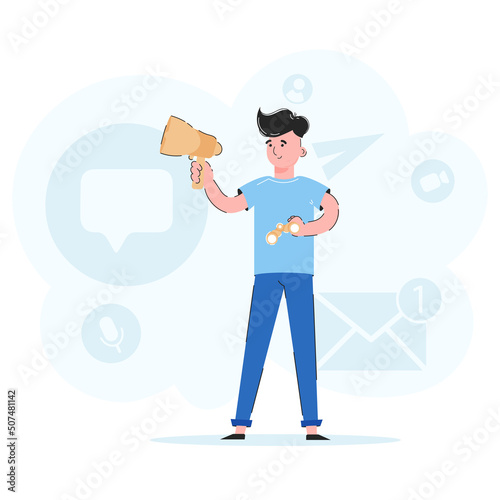 The guy holds a mouthpiece and binoculars in his hands. The concept of finding employees. Trendy vector.