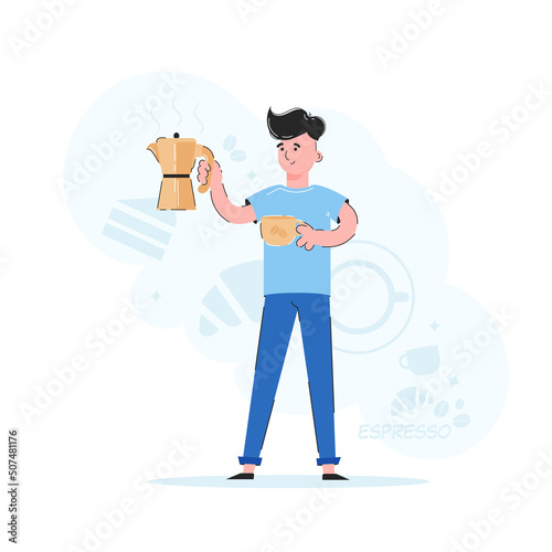 The guy holds a coffee maker and a cup in his hands. The concept of morning coffee drinking. Trendy vector