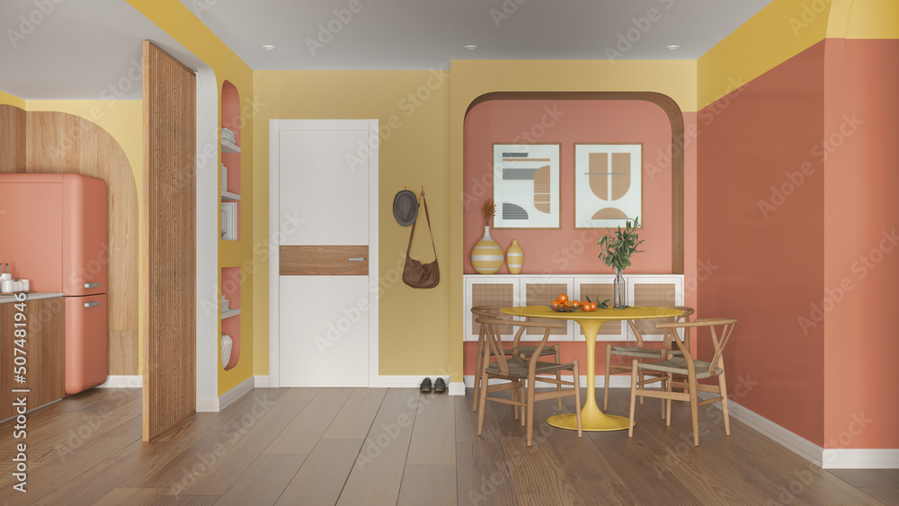 Fototapeta premium Contemporary dining room and kitchen in orange and wooden tones, round table with chairs, rattan commode, entrance door with cloth hanger. Parquet and decors. Modern interior design