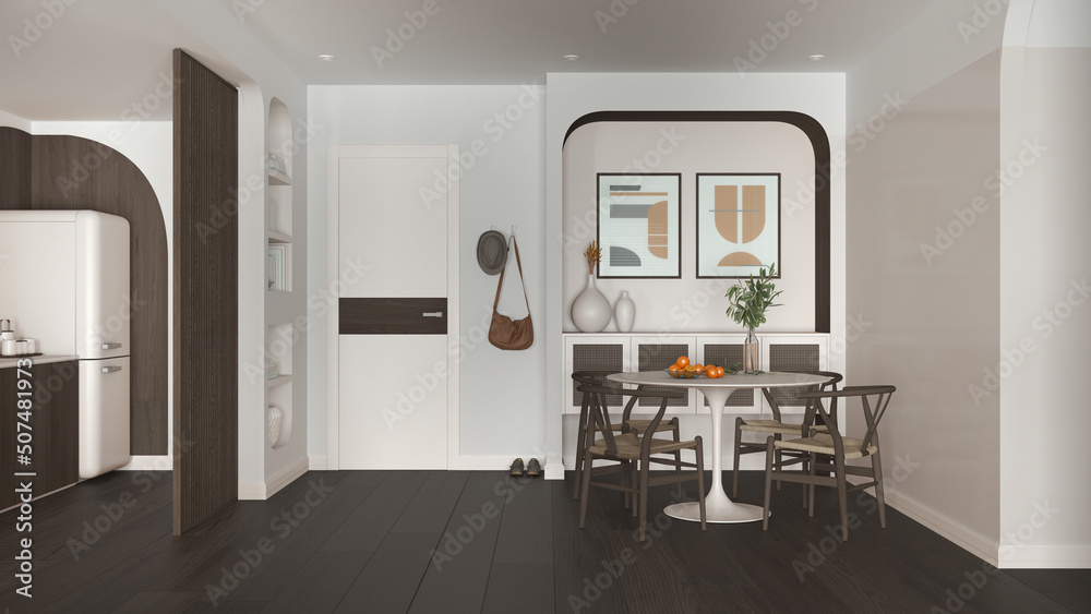 Fototapeta premium Contemporary dining room and kitchen in dark and wooden tones, round table with chairs, rattan commode, entrance door with cloth hanger. Parquet and decors. Modern interior design