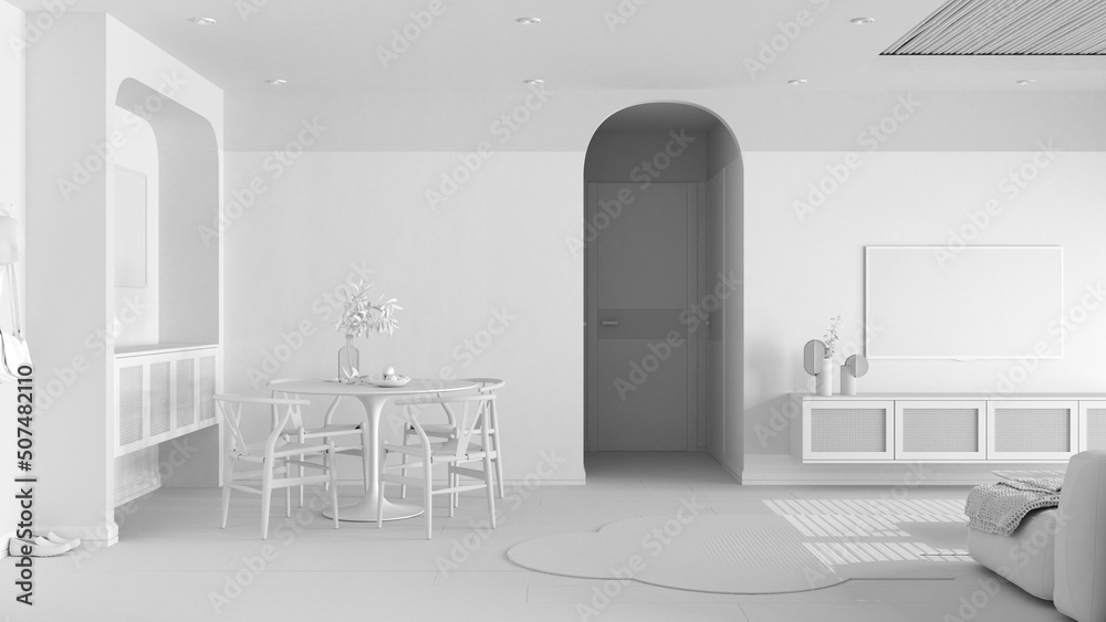 Total white project draft, contemporary wooden dining and living room, table with chairs, sliding door. Rattan television cabinet, carpet, parquet and cane ceiling. Interior design Total white project draft, contemporary wooden dining and living room, table with chairs, sliding door. Rattan television cabinet, carpet, parquet and cane ceiling. Interior design