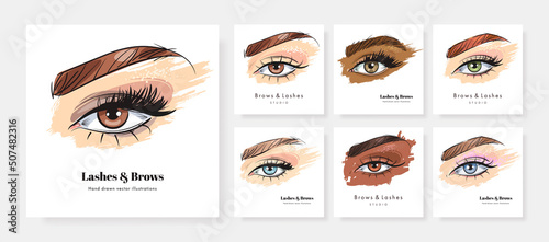 Set of square banner or card design template with hand drawn beautiful female eyes. Luxury makeup. Vector illustration