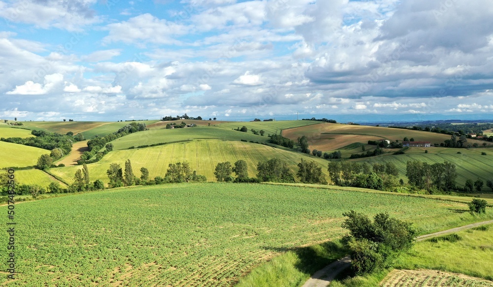moulin à vent et champ de blé surplombant la campagne française	
