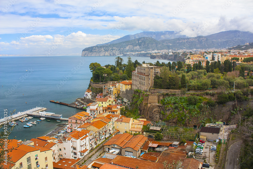 View of the coast (Marina Grande) with ships from the observation deck in Sorrento