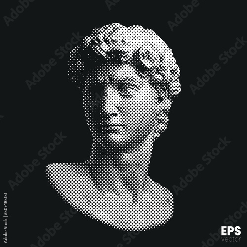 Canvas Print Vector white dot halftone mode illustration of male classical style head sculpture from 3d rendering isolated on black background