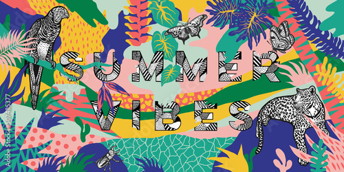 Colorful Summer Vibes Illustration With Animals And Plants  photo