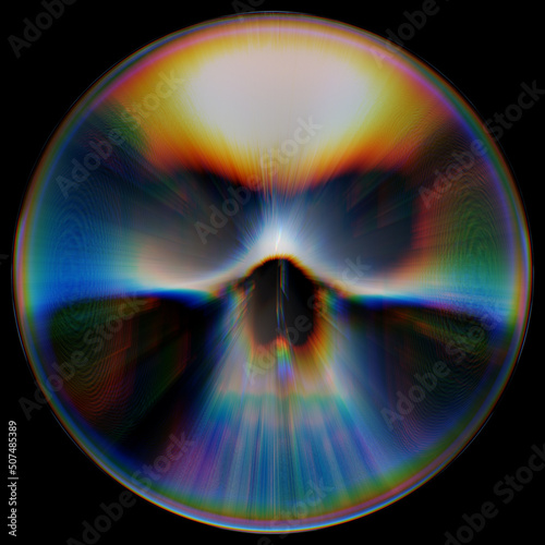 Concept illustration of colorful dispersion scary skull with chromatic aberration inside a ball from 3D rendering illustration on black background.