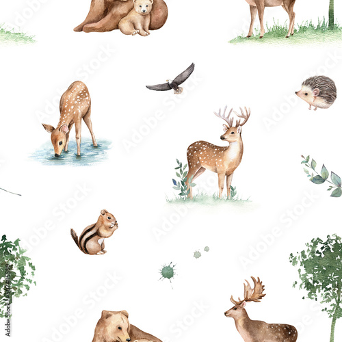 Woodland animal seamless pattern, cute deer, bear, chipmunk, hedgehog. Watercolor hand drawn texture on white background.  Forest friends design for print, postcard, greeting card, fabric, textile © Victoria Pak