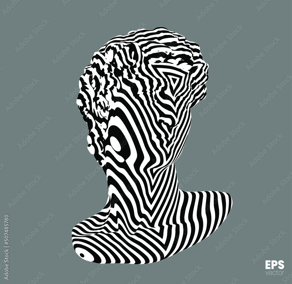 Vector abstract and white striped triangles pattern illustration from 3D rendering of classical head sculpture isolated on gray background.  