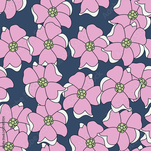 Seamless pattern with randomly arranged stylized pink flowers on a dark blue background. Stroke illustration.