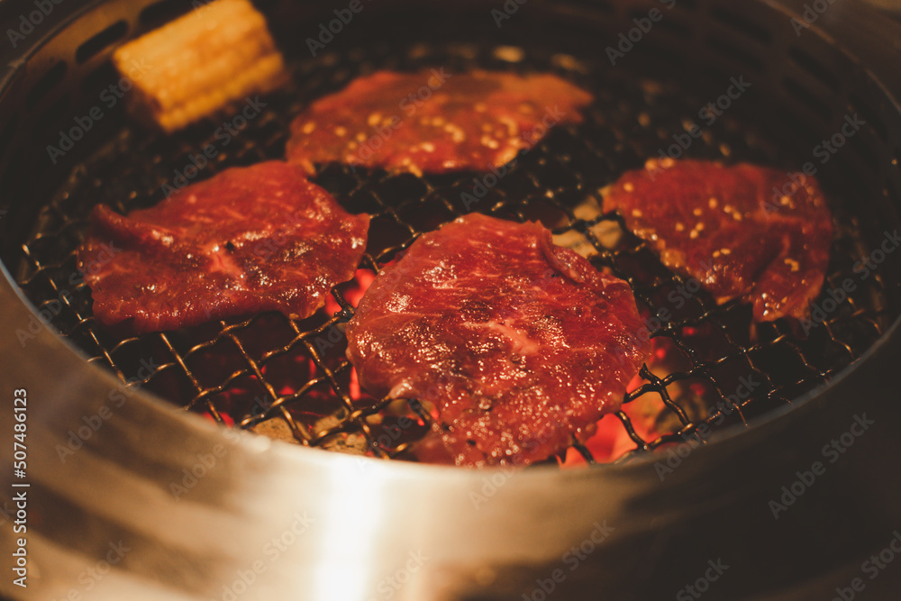 Raw beef slice. Yakiniku is the food that grilled a thin sliced beef