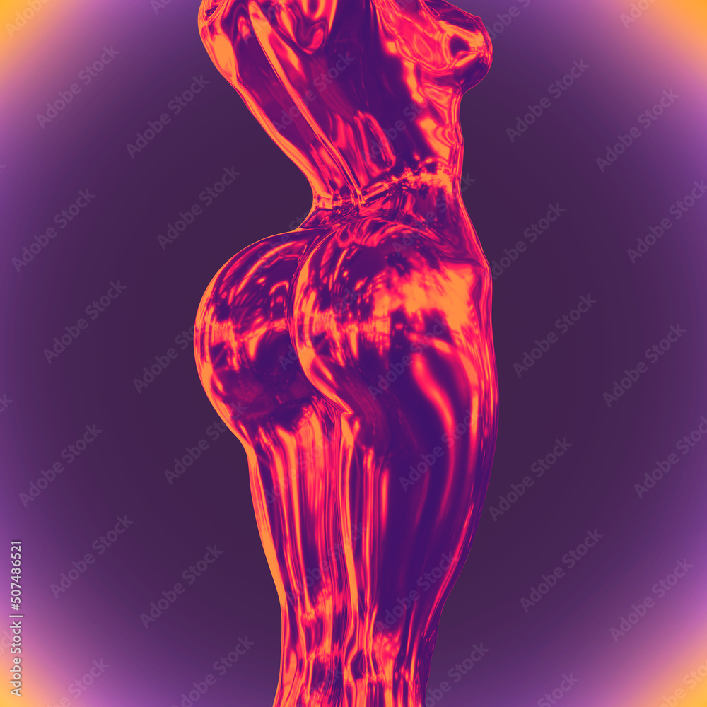 Abstract illustration from 3D rendering of a nude woman's sexy body back in metallic reflecting chrome material on colorful background and vaporwave style color palette. - obrazy, fototapety, plakaty 