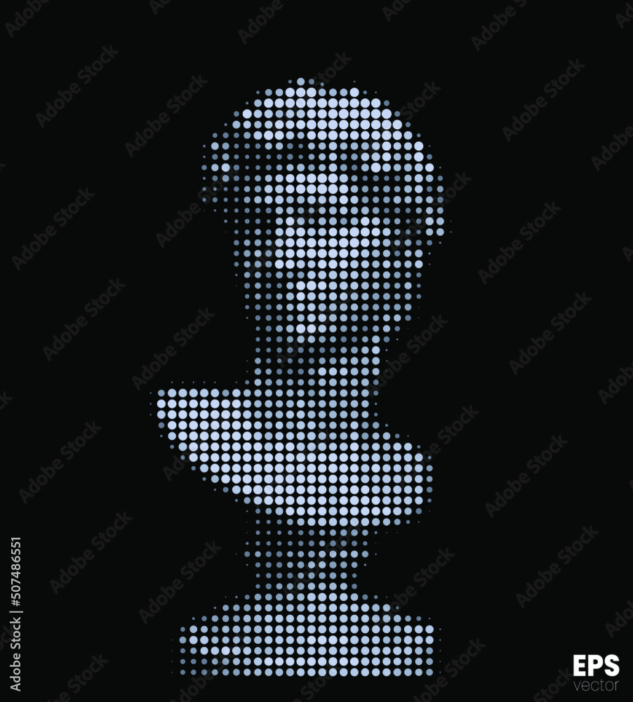 Vector white dot halftone mode illustration of male classical style head sculpture from 3d rendering isolated on black background. Vector white dot halftone mode illustration of male classical style head sculpture from 3d rendering isolated on black background.