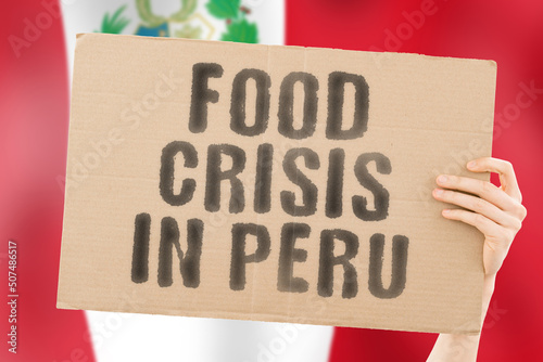 The phrase " Food crisis in Peru " is on a banner in men's hands with a blurred Peruvian flag in the background. Crisis. Finance. Life. Nutrition. Bread. Disaster. Collapse. Social issue