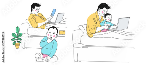 Young Father Using Laptop And Taking Care Of His Baby At Home. work from home concept. Man Working Remotely On Computer. vector illustration. (ID: 507486519)