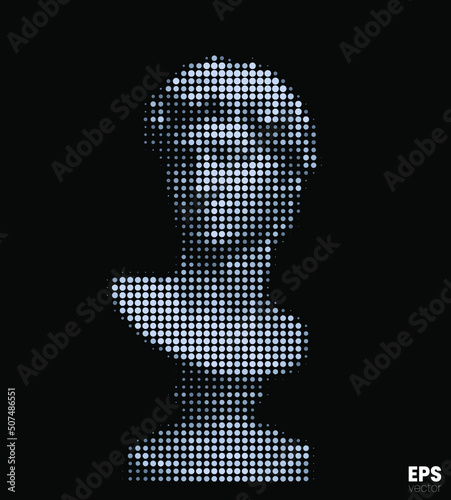 Vector white dot halftone mode illustration of male classical style head sculpture from 3d rendering isolated on black background.  photo