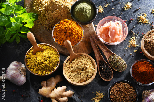 Fototapeta Naklejka Na Ścianę i Meble -  Composition with assortment of spices and herbs