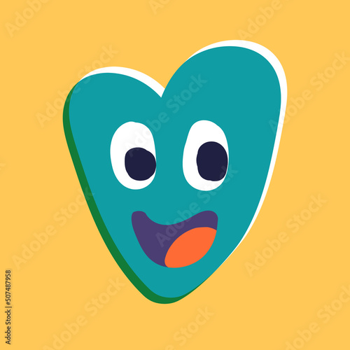 Cartoon smiling green heart on a yellow background. Icon, design element, emotions, mood.