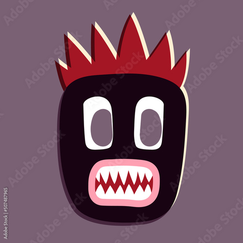 Cartoon monster face, mask, emotions, design element in red and black colors.