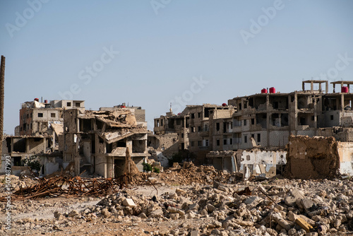  Building ruins in destroyed city (Darayya)  after the Syrian Civil War. photo