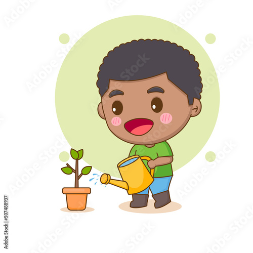 Cute happy boy watering flower. Chibi cartoon character. Vector art illustration