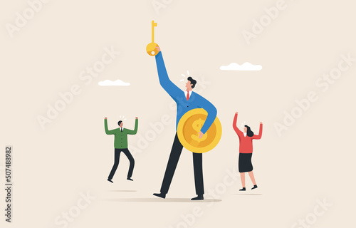 The key to financial success. Vision of leadership in finance and investment. The success of a business or organization. Company profit. Leaders and employees discover the key to success.